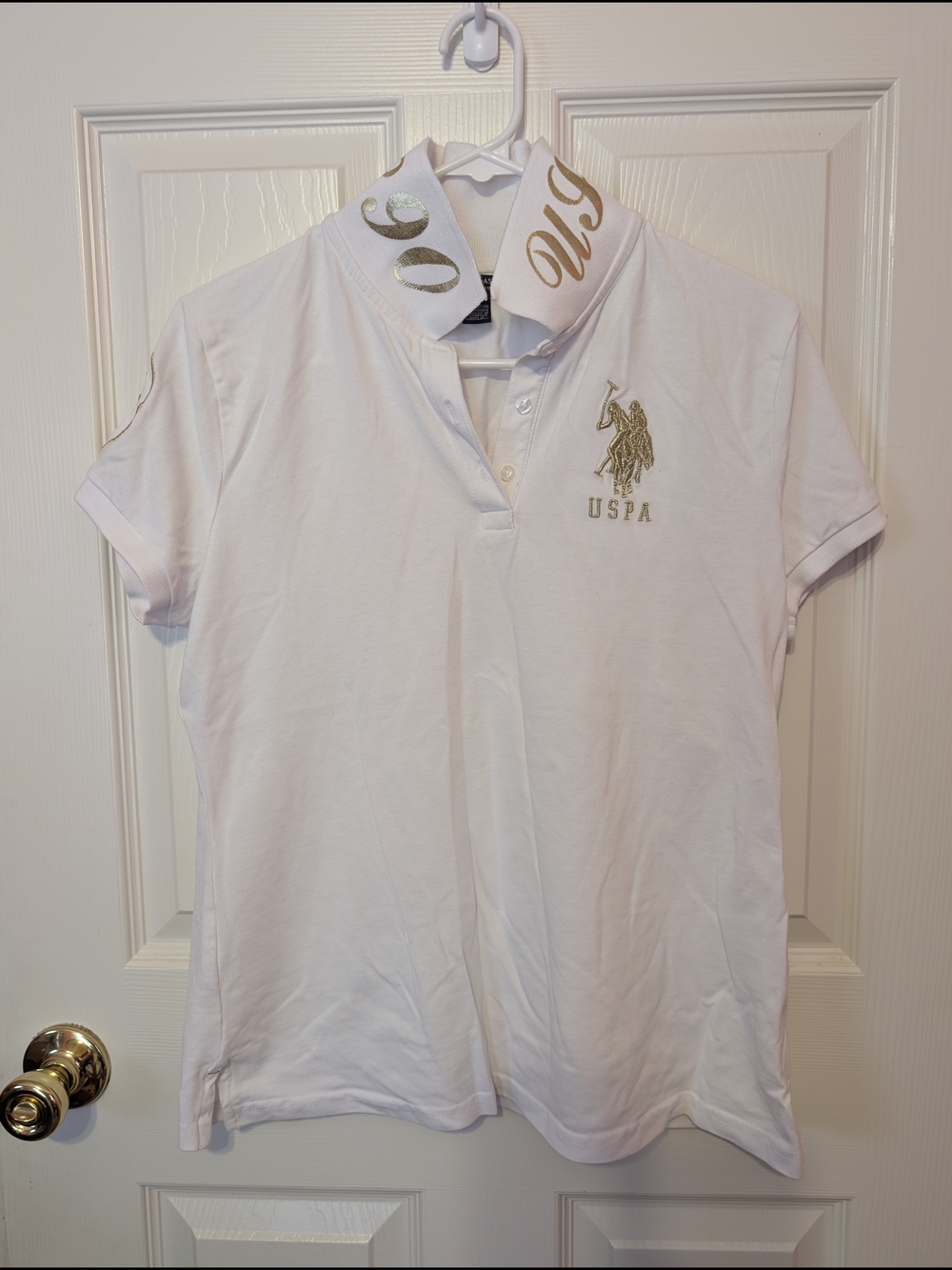 U.S. Polo Assn. Women's White Polo Shirt with Gold Logo, L, EUC